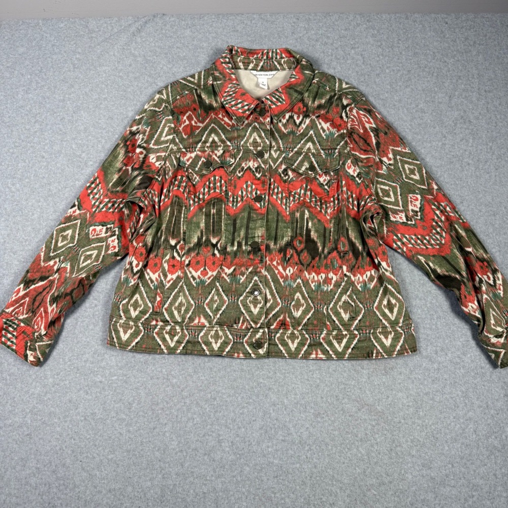 Jones New York Jeans Womens 2X Ikat Geometric Print Denim Trucker Jacket Green